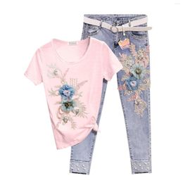 Agasalhos femininos bordados com miçangas tridimensionais flor manga curta camiseta e jeans duas peças setlady moda casual