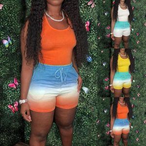 Survêtements pour femmes Ensembles de 2 pièces à dégradé court pour femmes Jaune Tie Dye Imprimer Sans manches Encolure dégagée Débardeur Taille haute Shorts Survêtement