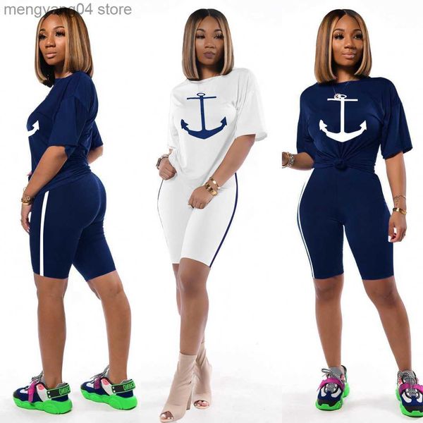 Chándales de mujer mujer Boat Anchor Print mujer de dos piezas camisetas de manga corta estampados trajes azul marino ancla pantalones cortos de dos piezas traje Casual fahion T230515