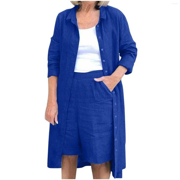 Survêtements pour femmes femmes coton lin 2 pièces tenues bermuda ensemble à manches longues boutonné chemise plage vacances pantalons courts ensembles