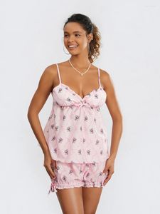 Chándales para mujer Mujeres Lindo Estampado floral Conjunto de pijamas de dos piezas Sin mangas Cuello en V profundo Cami Tops y pantalones cortos Preppy Pjs Loungewear