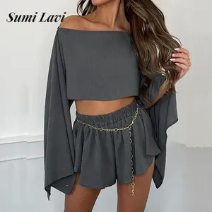 Suisses de route pour femmes Femmes Elegant Cotton Linen Loose 2PC CORD SEXY SCEW Col à manches longues Tops Pantalons courts Pantalons Fashion Asymétrique