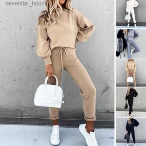 Survêtements pour femmes Femmes élégantes ensembles solides pour femmes col roulé sweat-shirts chauds pantalons longs mode deux pièces ensembles dames à lacets sweat costumes L230925