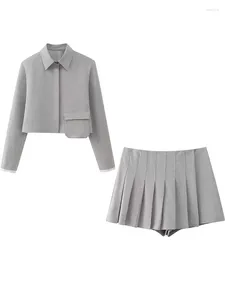 Survêtements pour femmes Femmes Mode 2 pièces Ensemble Gris Simple Boutonnage Chemises à revers Vintage Side Zipper Shorts Femme Chic