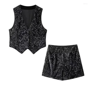 Vrouwen Trainingspakken Vrouwen Mode Pailletten Shorts Sets Voor 2 Stuks Vest Jas Pakken Elegante Tweedelige Outfit 2024