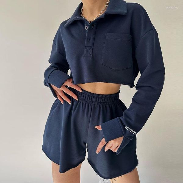 Survêtements pour femmes Femmes Mode Solide Sweat-shirt Costume Automne Polo Collier Bouton Top Pull et A-Line Shorts Tenues Hiver Manches longues