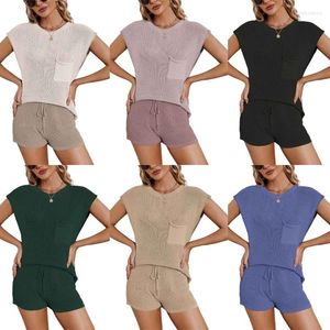 Survêtements pour femmes pull en tricot 2 pièces tenue ensemble manches courtes col rond pull haut et short taille haute couleur unie vêtements de détente