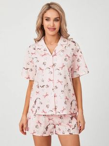 Survêtements pour femmes Femmes Pyjamas Shorts Set Mignon Dessin animé Floral Imprimer Manches courtes Chemise boutonnée 2 pièces Jammies Loungewear