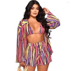Dames tracksuits dames print 3 -delige geplooide set voor feestkortingen shirt shirt jassen shorts shorts flare mouw high taille nachtclub sexy outfits
