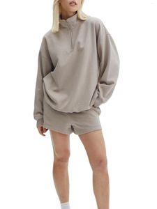 Trainingspakken voor dames Gezellige loungeset voor dames Oversized trui en korte broek Combo met sweatshirt met lange mouwen en kwartrits Handige zakken