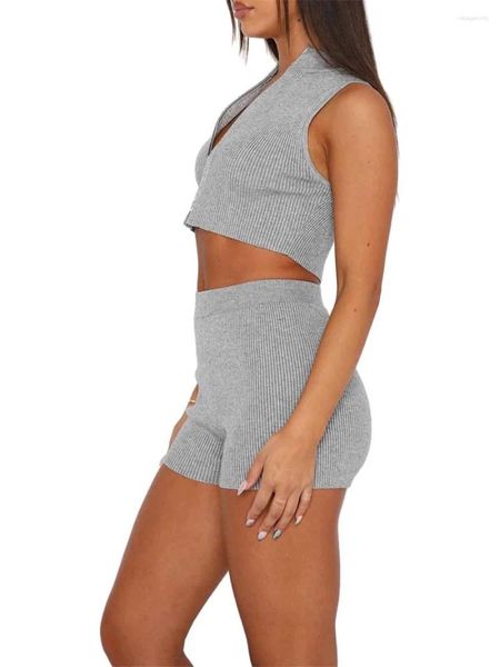 Survêtements pour femmes Femmes S Rib Knit Crop Top et Shorts Ensemble Y2K Fermeture à glissière Débardeur sans manches avec taille haute Loungewear Outfit