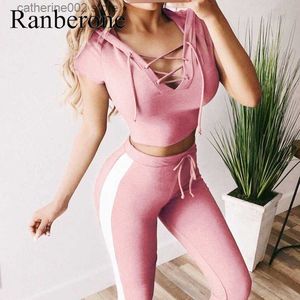 Tracksuits voor dames dames tracksuit 2020 v-neck sets sportkleding dames gestreepte actieve sport s-2xl maat fitness workout bandage 2-delige set t230605