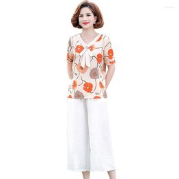 Vrouwenpakken voor dames stelt 2 stuks chiffon print blouses groot formaat kleding zomer van middelbare leeftijd moeder bloemen bedrukte blusas tops broek