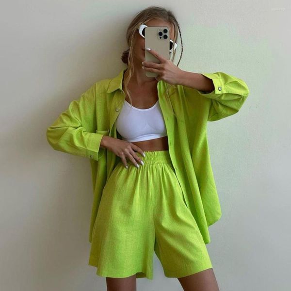 Femmes Survêtements Femmes Ensembles Vêtements 2023Two Piece Set Mince Coton Lin Blouses Et Shorts Costumes Lâche Vert Taille Doux Fille Chemise