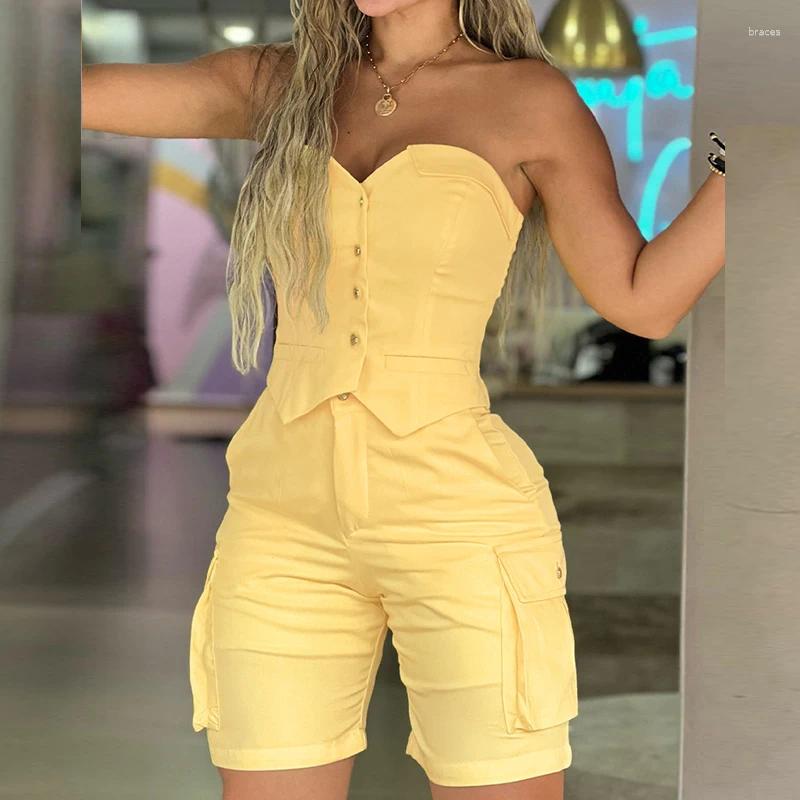 Women's Tracksuits Women Sexy Strapless Vest 2pcs Set Spring Button Tube Tops High Waist Shorts Outfit Summer Solid Hollow Out Casual Suit