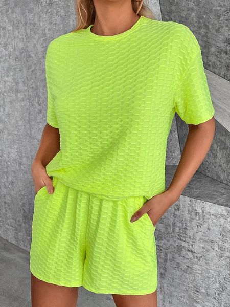 Survêtements pour femmes Ensemble short et short pour femme T-shirt à col rond à manches courtes avec taille élastique Tenue d'été Vert fluo