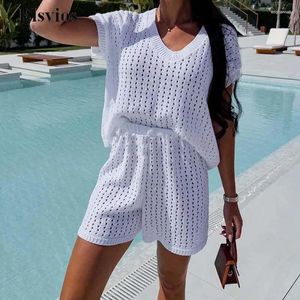 Tracksuits pour femmes Femmes Solid Group of Pantal Set Sexy Hollow Treater Two Piece Holiday Casual Sets Elegant V-Neck Short Shlouse à manches courtes