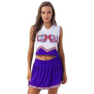 Chándales de mujer Mujeres Deporte Cheerleader Uniforme High School Girls Sexy Viene con cuello en V Crop Top con falda plisada Cheerleading Role Play Outfit T220909