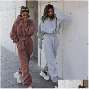 Survêtements pour femmes Femmes Sport Survêtements Deux Pièces Ensemble De Vêtements Survêtement Couleur Unie Sweat À Capuche Pantalon Long Jogger Outfit Fema Otyqu