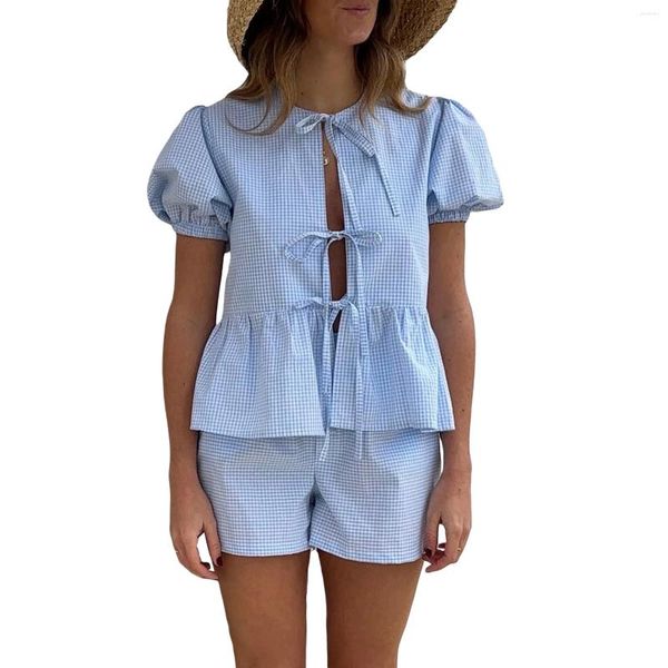 Suissiles de parcours pour femmes Femmes Struice en 2 pièces Summer Summer Fairy Grunge Puff Skeve Tie Knot Tops Front Shirts Shorts Set Streetwear