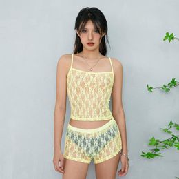 Survêtements femme été 2 pièces tenues dentelle florale transparent camisoles sans manches débardeurs ensemble short et haut