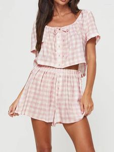 Survêtements pour femmes Femmes Summer Loose Shorts Outfit Preppy Plaid Boutons Tie-Up T-shirt à manches courtes Tops Taille élastique 2 pièces Ensemble de vêtements