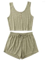 Suissiles de piste pour femmes Les pyjamas d'été pour femmes définissent la couleur solide Henley Tops et short à crampons élastiques pour vêtements de lounge en 2 pièces.