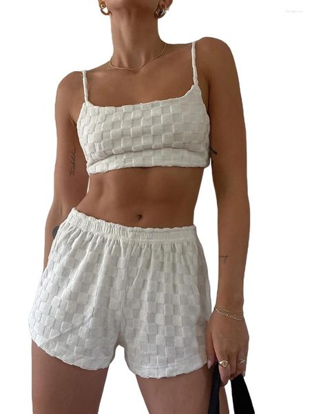 Survêtements pour femmes Femmes Summer Two Piece Outfit Plaid Spaghetti Strap Crop Cami Top Taille élastique haute Shorts extensibles Set Y2K Club