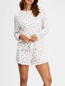 Survêtements pour femmes Femmes Y2K 2 pièces Pyjama Set Mignon Floral Volant à manches longues T-shirt Bouton Top et Shorts PJS Sleep Loungewear