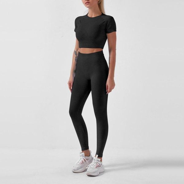 Chándales para mujer Mujeres Yoga Traje de manga corta Color de dos piezas Ropa sólida Negro Dos piezas Pantalones elegantes Trajes para ropa