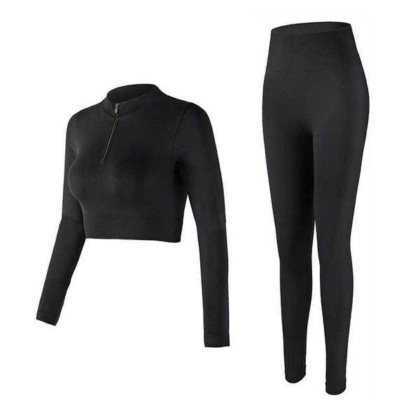 Chándales de mujer, traje de Yoga para mujer, pantalones sin costuras, mallas, ropa, Top corto de manga larga, camisa con cremallera, ropa deportiva de 2 piezas para gimnasio