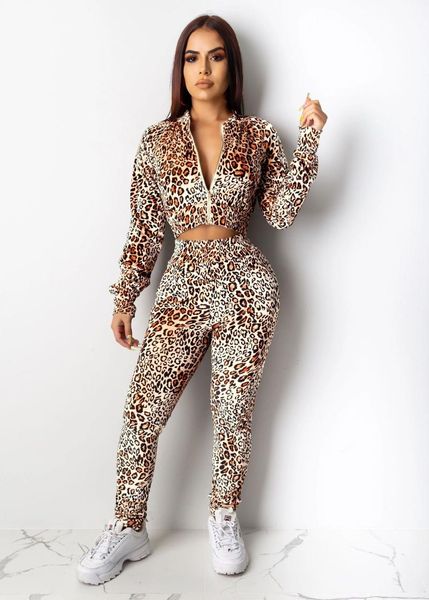 Saisies de parcours pour femmes Femmes décontractées 2 pièces tenues Leopard Imprimé à manches longues Pantalons Top Set Tracksuitwomen's