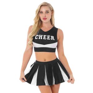 Dames Trainingspakken Dames Cheerleading Uniform Dance Come V-hals mouwloze crop top met plooirok Schoolmeisjes Cheerleader Cosplay Outfit T220909