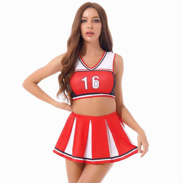 Survêtements pour femmes Costume de pom-pom girl à blocs de couleurs pour femmes Jeu de rôle Tenues de pom-pom girl Lettre d'impression Col en V Sans manches Crop Top avec jupe plissée