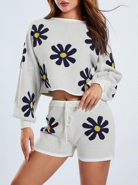 Survêtements pour femmes Femmes Knit Loungewear Set Motif floral Tops à manches longues Shorts 2 pièces Pyjamas Tenues respectueuses de la peau S M L