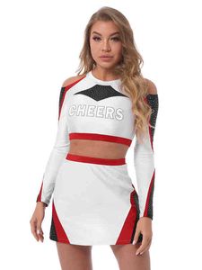 Survêtements pour femmes Femmes Dames Cheerleading Uniforme Étincelant Strass Lettre Impression Hors Épaule À Manches Longues Cheer Crop Tops avec Jupe T220909