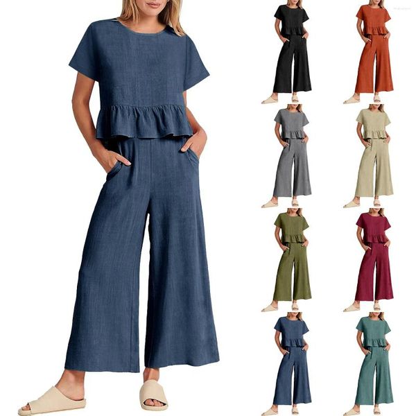 Sombriz de canciones para mujeres Mompers y monos de mujer vestidos de 2 piezas elegantes para mujeres 2023 Summer Cortada de manga corta Pantalones de piernas anchas Set niña