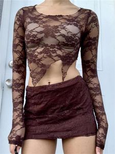 Survêtements pour femmes Wsevypo Retro Fairy Lace Floral Two-Piece Sets E-Girl 90s Streetwear Outfit Women See Through Long Sleeve Crop Tops Mini