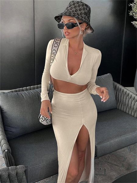 Survêtements pour femmes Wsevypo Femmes Automne Deux Pièces Jupe Costumes Street Style Tenues Décontractées Femme Manches Longues Zip Up Crop Tops Wrap Bodycon