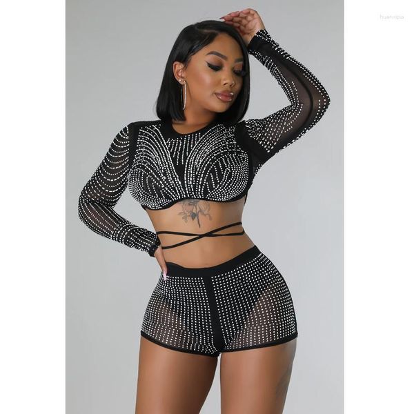 Survêtements pour femmes WUHE Sexy Mesh Two Piece Strass Set Lace-up Short Tops and Shorts See Through Night Club Outfits Sets Women Party