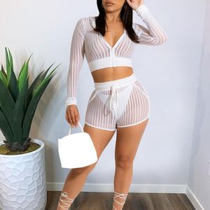 Survêtements pour femmes WUHE Sexy Sheer Mesh Crop Top à manches longues et short taille haute Ensemble deux pièces Summer See-Through Matching Party