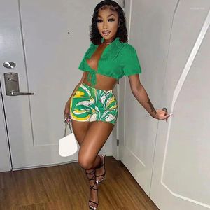 Costumes pour femmes Wuhe Summer Femmes Two Piece Set Sexy Lace Up Manches courtes Crop Top Shirt Imprimer Shorts Costume Casual Femme Survêtement