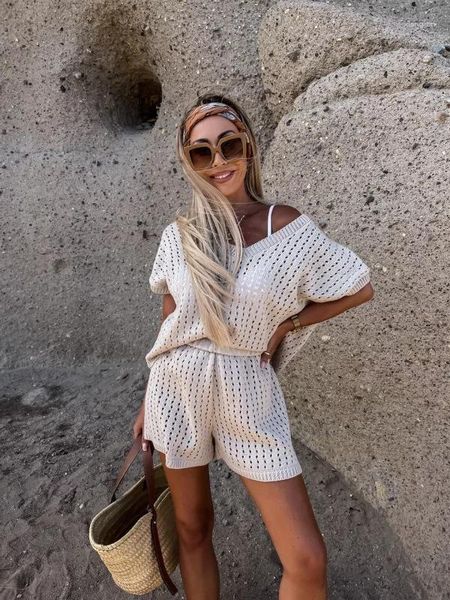 Chándales de mujer XJBAXXY Estilo coreano Suelto Verano Temperamento Comentario Color sólido Dos piezas Top de punto y pantalones de cintura alta Casual