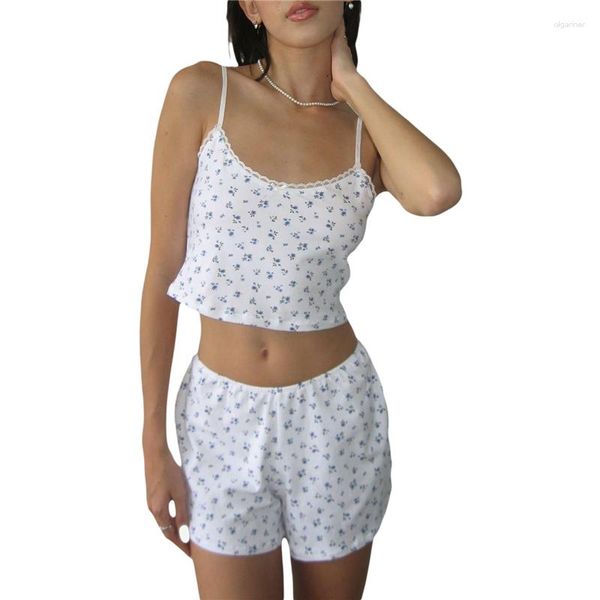 Chándales de mujer Y2k Loungewear Set Cute Fairycore Estética Mujer Estampado floral Correa de espagueti Sin mangas Crop Top y pantalones cortos Verano