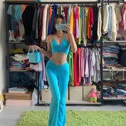 Survêtements pour femmes Y2K Streetwear Sexy Bandage Criss-Cross Blue Costumes Années 2000 Mode Cordon Halter Top Et Taille Haute Flare Pantalon 2 Pièce