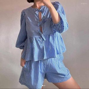 Suits-survêtements pour femmes Y2K Vintage 2 pièces Plaid Set Ontfits Front Bowknot Tie Up Blouse T-shirt Tops Shorts Loungewear Femmes Kawaii Mathing