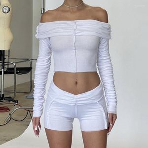 Survêtements pour femmes Zabrina Automne Solide 2 pièces Shorts Ensemble Femmes Hors Épaule Ruché Crop Tops et Costumes Y2K Streetwear Night Club Tenues