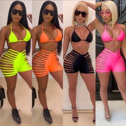 Survêtements pour femmes Zaggin 2022 Summer Femmes Solid 4 couleurs Ensembles dos nu Maillot de bain sexy avec bretelles 2 pièces évider maigre