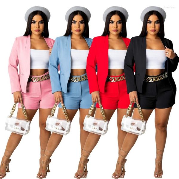 Survêtements pour femmes ZKYZWX Sexy 2 pièces ensemble à manches longues costume manteau Biker Shorts bureau dame porter des tenues pour les femmes vêtements de travail élégants