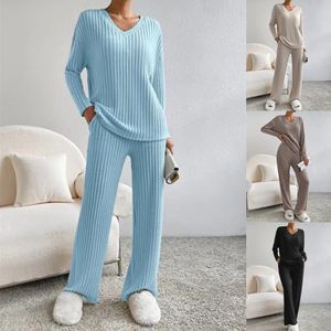 Survêtement pour femme - Survêtement tricoté décontracté à rayures - Ensemble tricoté - Vêtements de nuit - Grande taille - Pantalon droit - Deux pièces - Costume de maison - Col en V - Hauts - Pull